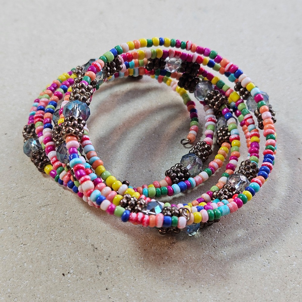 Boho Colorful Seed Bead Memory Wire Wrap Coil Bracelet Rainbow Multi Strand - Picture 3 of 4
